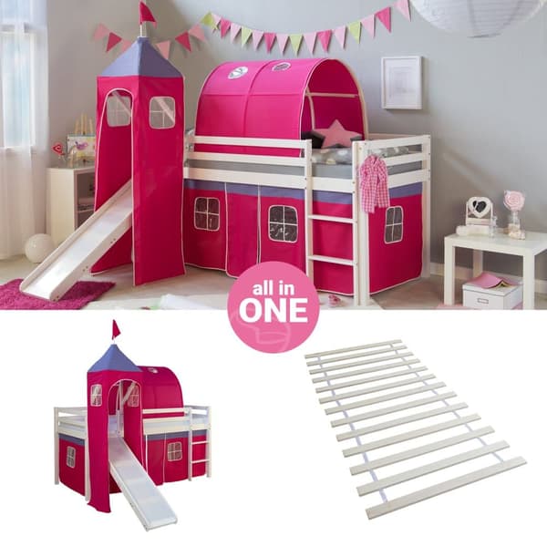 Loft Bed, 207.5x228x219.5 cm, Vit och Rosa