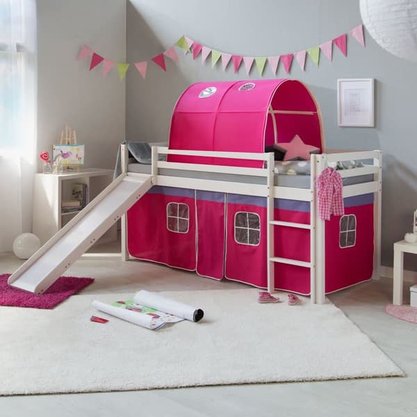 Loft-sänky patjalla, 207,5x110x219,5 cm, Valkoinen ja Pinkki