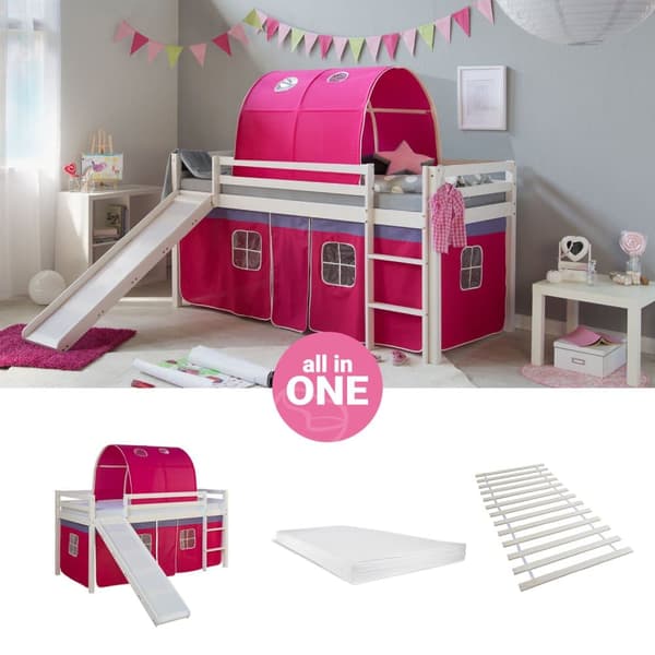 Loft-sänky patjalla, 207,5x110x219,5 cm, Valkoinen ja Pinkki