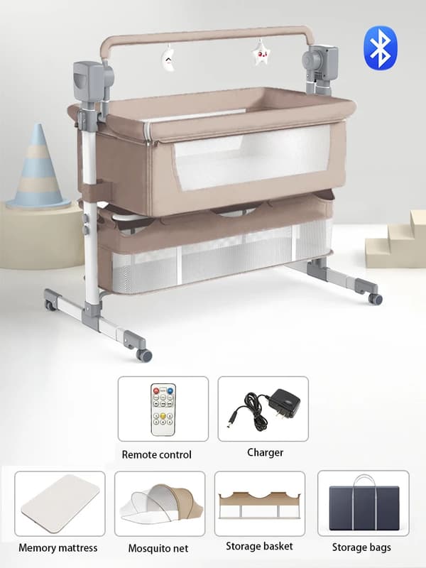Babyvugge, Højdejusterbar, Unisex Design, Opbevaringskurv,BJJ-601-BEIGE