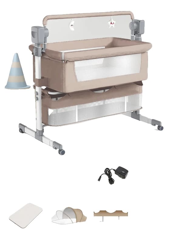Babyvugge, Højdejusterbar, Unisex Design, Opbevaringskurv,BJJ-601-BEIGE