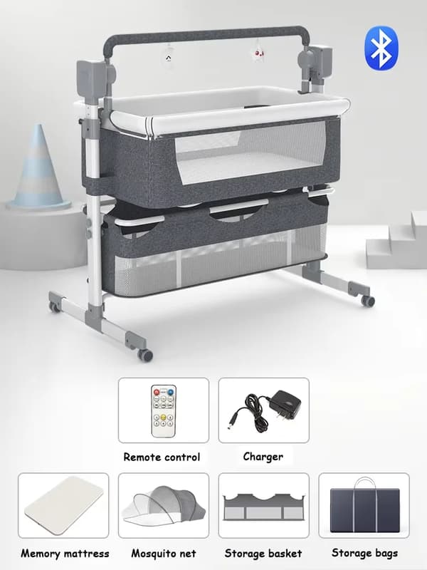 Babyvugge, Højdejusterbar, Unisex Design, Opbevaringskurv,BJJ-601-GRÅ