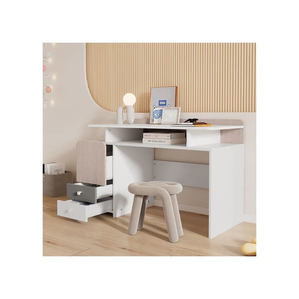 Sängbord för tonåring med tre lådor och en mezzanin, lådor med tysta glidskenor, MDF, vit+ljus ek+grå