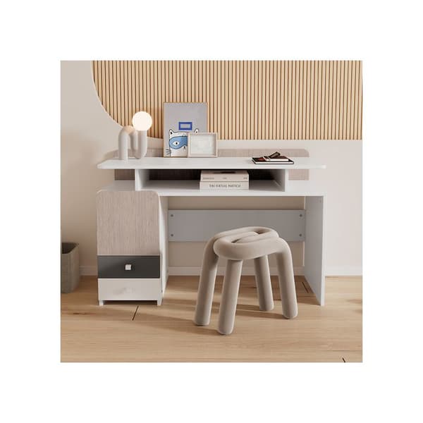 Sängbord för tonåring med tre lådor och en mezzanin, lådor med tysta glidskenor, MDF, vit+ljus ek+grå