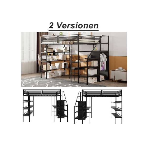 Liten mezzanin 140*200cm, tre lagringshyllor, skrivbord, skåp, svart