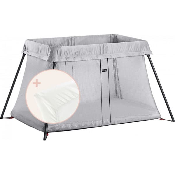 BabyBjörn Travel Crib Light resesäng med lakan, Silver/Organisk bomull, Vit