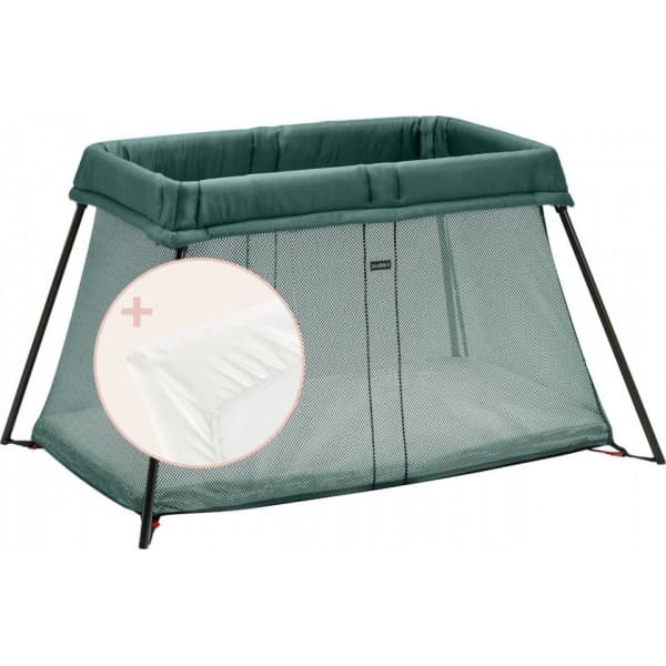 BabyBjörn Travel Crib Light resesäng med lakan, Mörkgrön/Bomull, Vit