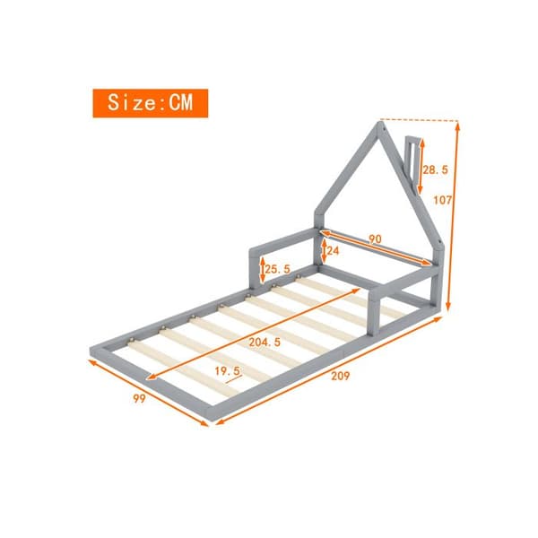 90*200cm Barnsäng, platt säng, husform, massiv furu, enkel form, grå