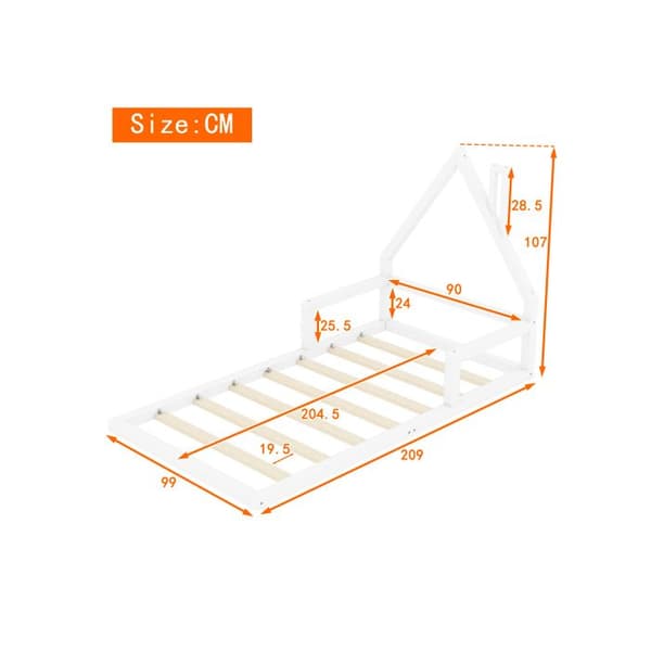 90*200cm Barnsäng, platt säng, husform, massiv furu, enkel form, vit