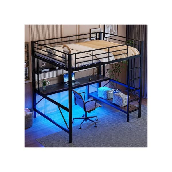 Ljus mezzanin, 140*200 cm, räcke, fotstöd, med USB-kontakt och eluttag, svart