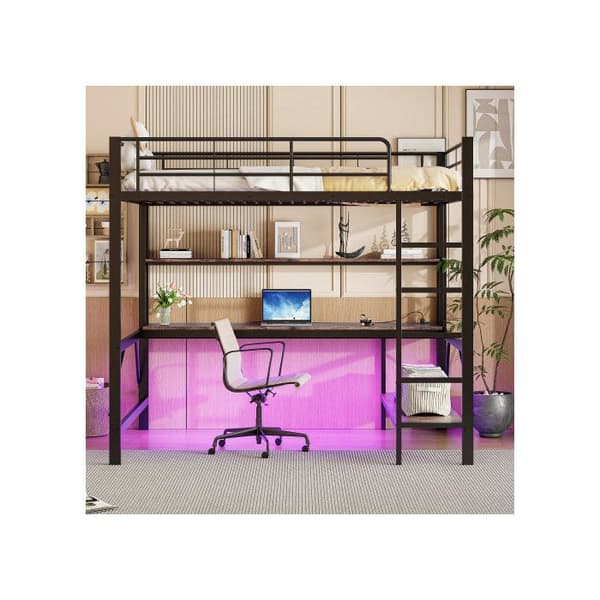 Ljus mezzanin, 140*200 cm, räcke, fotstöd, med USB-kontakt och eluttag, svart