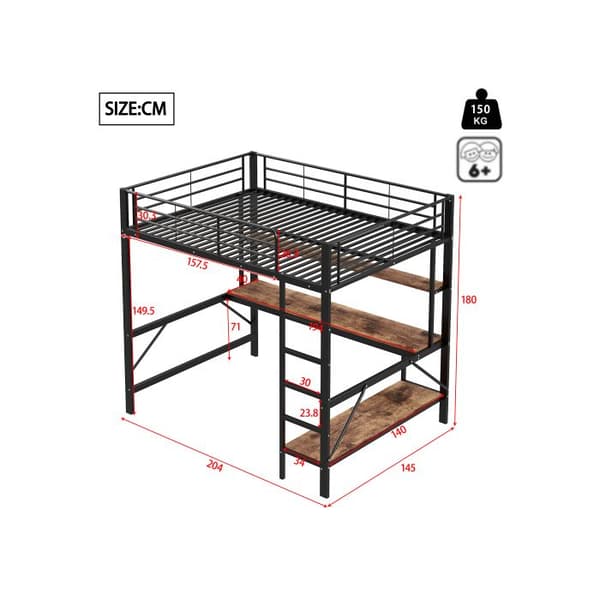 Ljus mezzanin, 140*200 cm, räcke, fotstöd, med USB-kontakt och eluttag, svart
