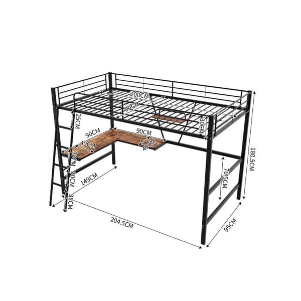 90x200cm Sängram Metallram, järnsäng, hög säng med L-formad skrivbord och bibliotek, svart