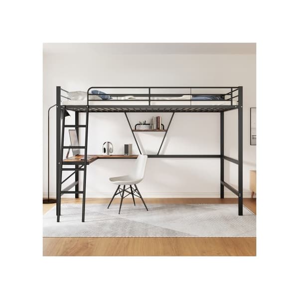 90x200cm Sängram Metallram, järnsäng, hög säng med L-formad skrivbord och bibliotek, svart