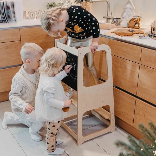 Køkken tårn, Montessori Trin skammel, Køkken skammel, Toddler skammel, Børne skammel med kridttavle, Montessori møbel Køkkenstol læringsstol