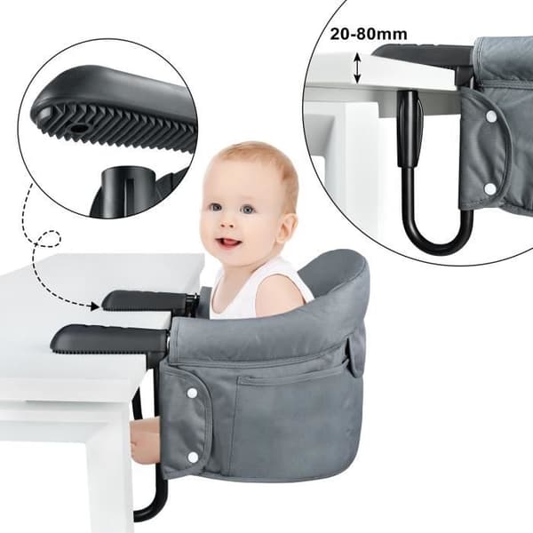 YUENFONG hopfällbar babymatbordssits med halkfria grepp och sittficka, lämplig för matbord, camping, grå