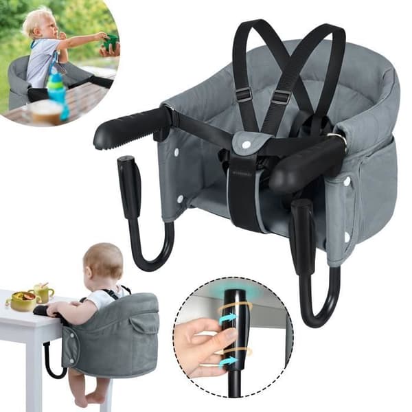 YUENFONG hopfällbar babymatbordssits med halkfria grepp och sittficka, lämplig för matbord, camping, grå