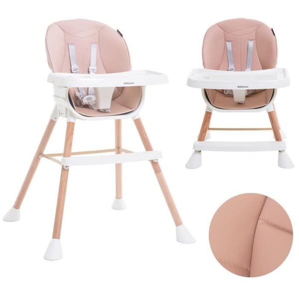 BEBELISSIMO - Evolutionsbarntime i trä - 3 i 1 - 6 månader upp till 5 år - barnstol - rosa