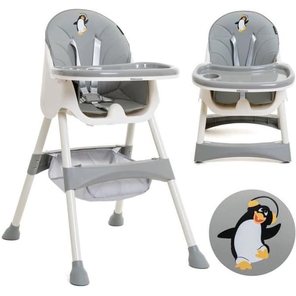 BEBELISSIMO - Skalbar barnstol - från 6 månader upp till 20 kg - Disco Pinguin - justerbar höjd - grå