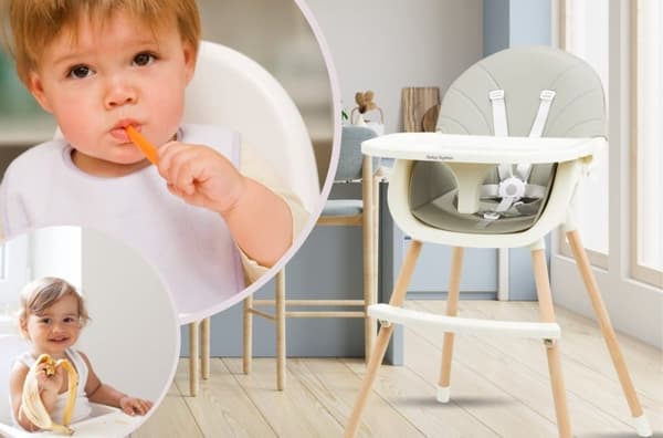 Moby-System Matstol Amelia 2, 3-i-1 barnstol från 6 månader till 6 år med bricka och fotstöd för barn, grå