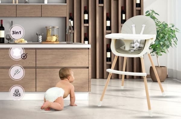 Moby-System Matstol Amelia 2, 3-i-1 barnstol från 6 månader till 6 år med bricka och fotstöd för barn, grå