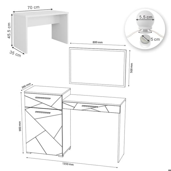 Sminkbordsspegel (LED-bänk) Vicco Little Irma vit