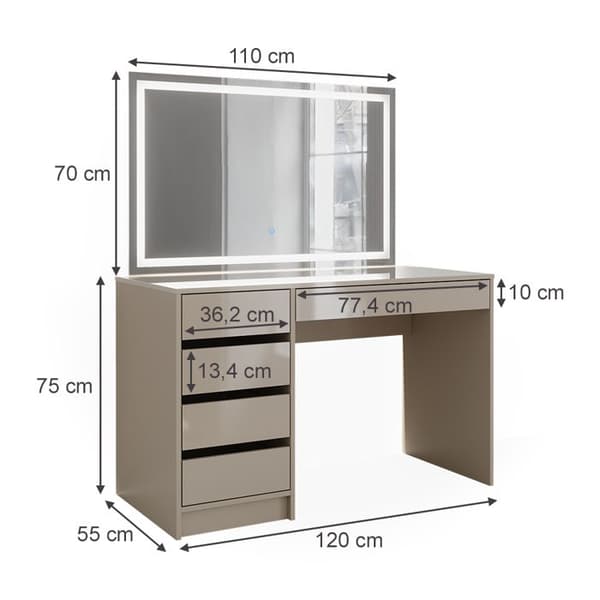 Vicco Sherry sminkbord, Greige, 120 cm med LED-spegel