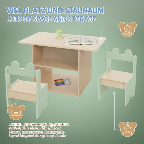3-delad barnmöbelgrupp med bord och 2 stolar av trä Joyz
