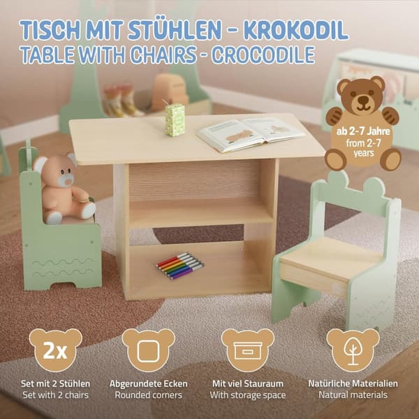 3-delad barnmöbelgrupp med bord och 2 stolar av trä Joyz