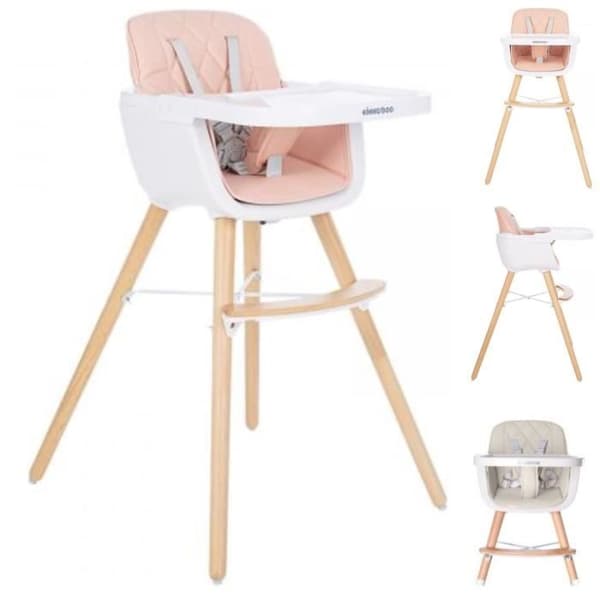 Hög stol 2 i 1 Woody - KIKKABOO - Rosa - Justerbart bord - Selen