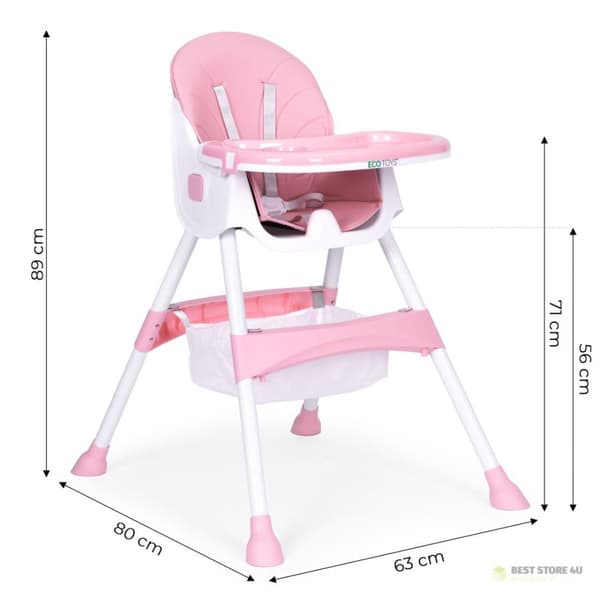 Babymatningsstol, bricka, korg, 5-punktsbälten, rosa ECOTOYS