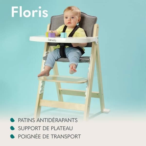 Lionelo Floris Barnstol i trä för bebisar upp till 40 kg, Grå