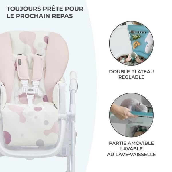 KINDERKRAFT YUMMY rosa justerbar barnstol - För babyflickor från 6 månader till 3 år - Fällbar och bekväm