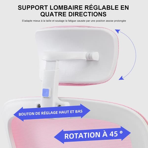 Sevencomfort - Ergonomisk lärande stol med justerbart ryggstöd - Höj- och sänkbar - Klarar 200KG - Rosa