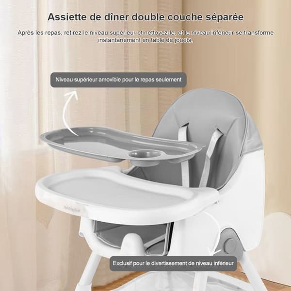 K IKIDO Hög stol för baby 2 i 1 - K IKIDO - Utvecklingsbar - Fällbar - Justerbar - Från 6 månader till 3 år (15KG) - grå