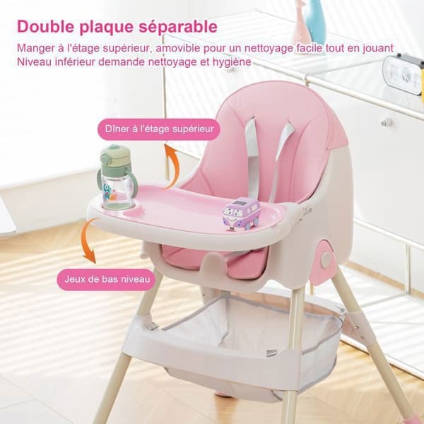 K IKIDO Hög stol för baby, Evolutiv hög stol, Från 6 månader till 3 år, 2-i-1 stol med 5-punkts sele, rosa