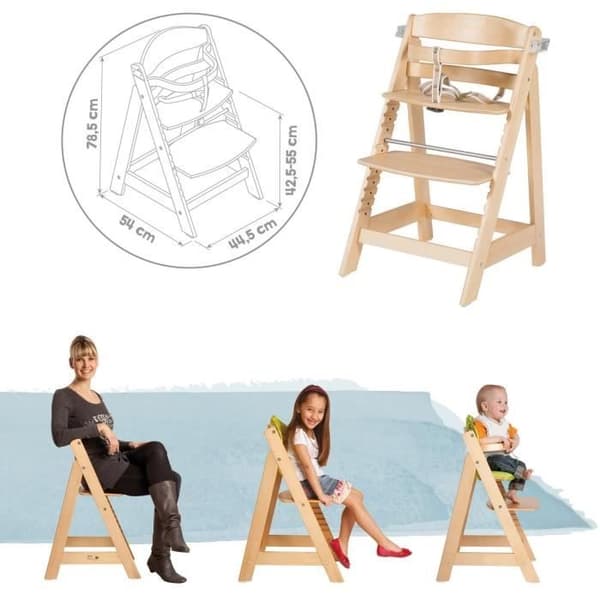 Barnstol - ROBA - SIT UP CLICK & FUN - Avtagbar matbricka - Justerbar höjd - Upp till 70 kg - Naturträ