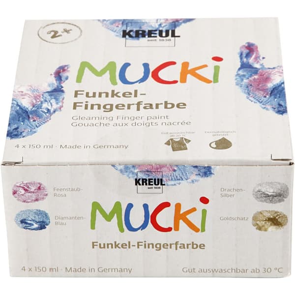 Mucki Fingermaling, metallic blå, metal guld, metallic rosa, metal sølv, 4x150 ml/ 1 pk.