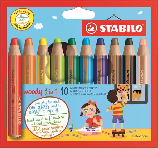 Woody 3-i-1, L: 11 cm, tykkelse 16 mm, mine 10 mm, ass. farver, 10 stk./ 1 pk.