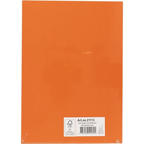 Kulørt kartong, A4 210x297 mm, 180 g, 20 ark, mandarin