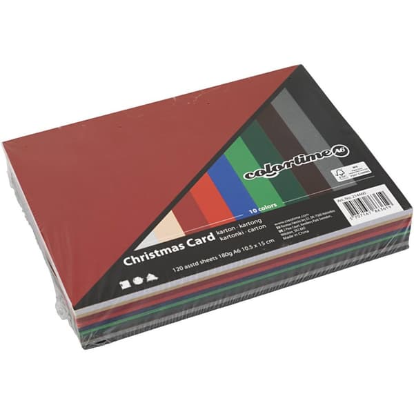 Julekartong, A6, ark 105x148 mm, 180 g, ass. farger, 120 ass. ark/ 1 pk.
