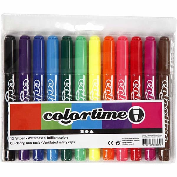 Colortime Tusch, streg 5 mm, standardfarver, 12 stk./ 1 pk.