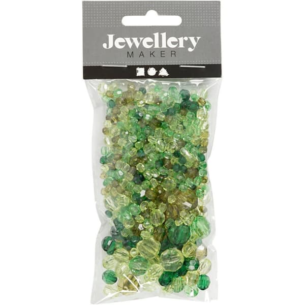 Harmoni Facettperlemix, str. 4-12 mm, hullstr. 1-2,5 mm, grønn glitter, 45g/ 1 pk.