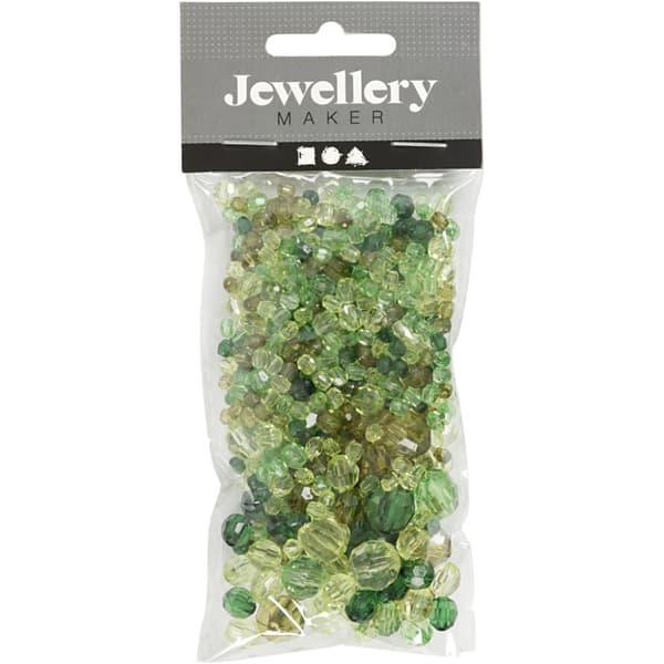 Harmoni Facettperlemix, str. 4-12 mm, hullstr. 1-2,5 mm, grønn glitter, 45g/ 1 pk.