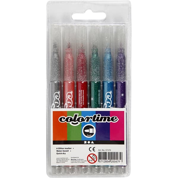 Colortime Glittertusch, spets 2 mm, mixade färger, 6st./ 1 förp.