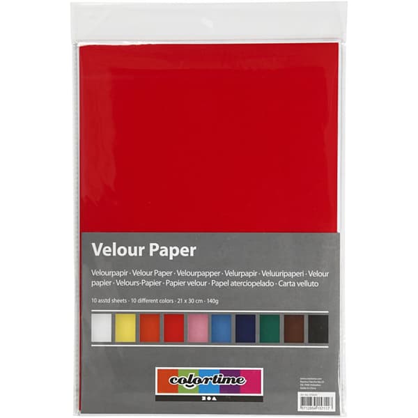 Velourpapir, ass. farger, A4, 210x297 mm, 140 g, 10 ark/ 1 pk.