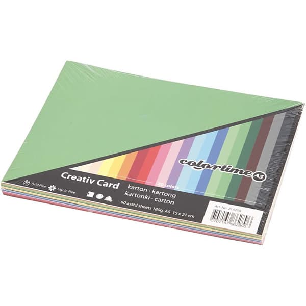 Creativ Kartong, A5, ark 148x210 mm, 180 g, ass. farger, 60 ass. ark/ 1 pk.