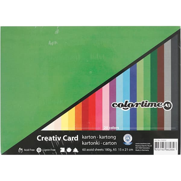 Creativ Kartong, A5, ark 148x210 mm, 180 g, ass. farger, 60 ass. ark/ 1 pk.