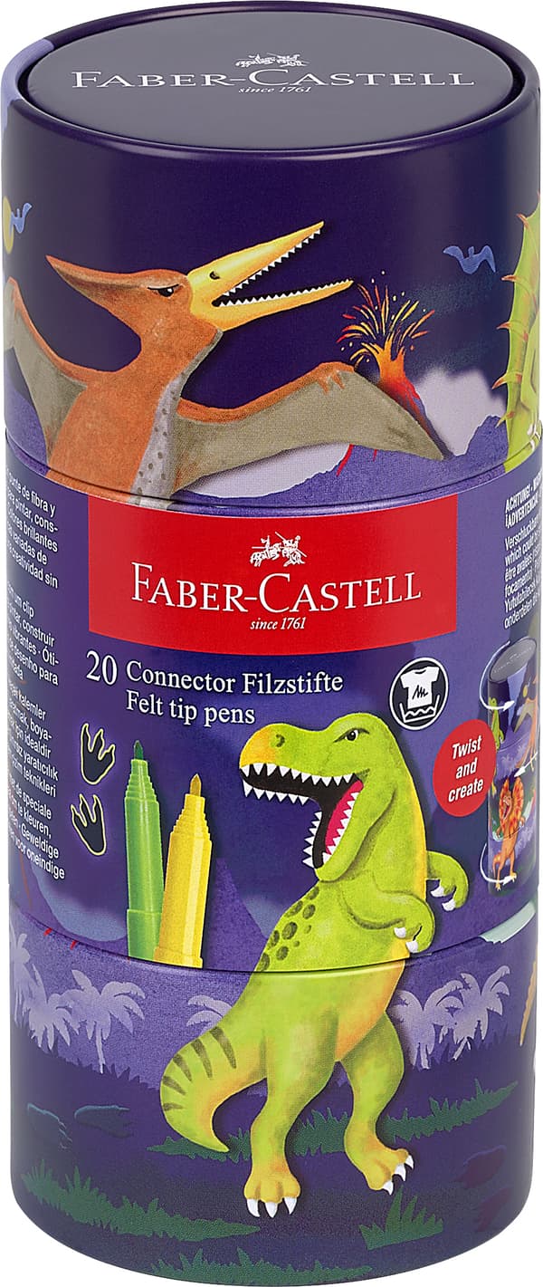 Tusjpenner Connector Dinosaur i metallboks 20-pakk Faber-Castell