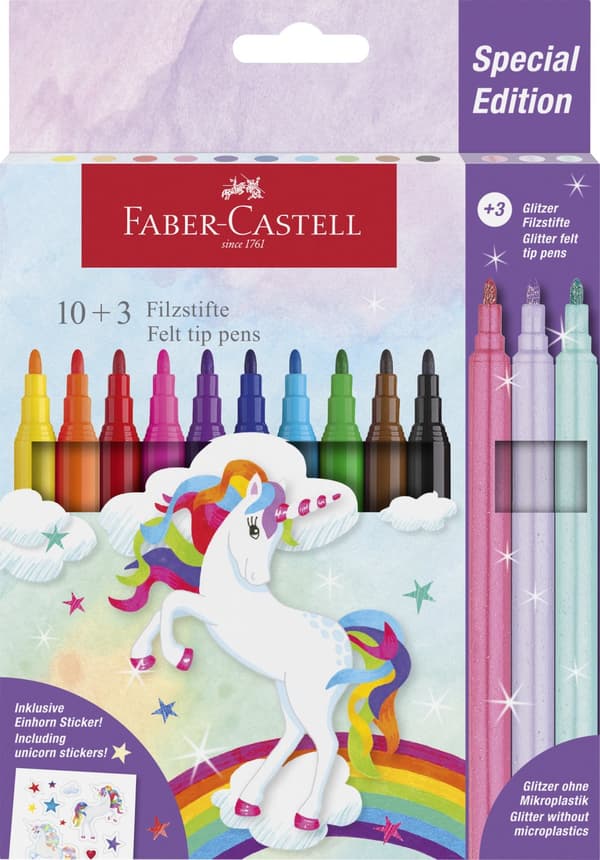 Tuschpenna Castle Unicorn 10+3 st glitterpennor Faber Castell